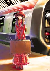 Rule 34 | 1girl, blue eyes, brown hair, dress, female focus, hat, highres, holding, kobayashi yuji, long hair, original, solo, suitcase, tears, train, train station, vehicle