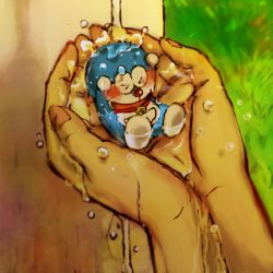 Rule 34 | &gt; &lt;, bell, closed eyes, collar, cupping hands, day, doraemon, doraemon (character), grass, ichinoniwa, in palm, mini person, miniboy, neck bell, own hands together, sitting, solo focus, water