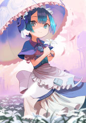 Rule 34 | 1boy, apron, blue capelet, blue hair, blurry, blurry foreground, capelet, corset, dress, falling petals, field, flower, flower field, fog, frilled umbrella, frills, highres, holding, holding flower, made in abyss, maid apron, maid headdress, male focus, maruruk, parasol, petals, puffy short sleeves, puffy sleeves, short hair, short sleeves, smile, solo, suki byun, trap, umbrella, whistle