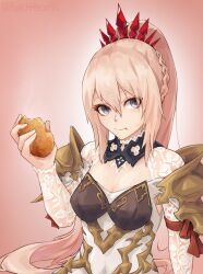 Rule 34 | 1girl, arm ribbon, armor, armored dress, artist name, black choker, braid, breasts, choker, closed mouth, dress, eyebrows hidden by hair, female focus, food, grey eyes, hair between eyes, hair ornament, high ponytail, highres, holding, holding food, long hair, medium breasts, pink hair, punchheart, red ribbon, ribbon, shionne (tales), shoulder armor, simple background, solo, tales of (series), tales of arise