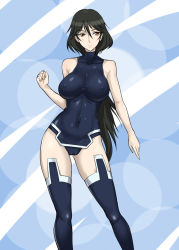 Rule 34 | 10s, 1girl, bare shoulders, black beat, black hair, blue background, bodysuit, breasts, cameltoe, cleavage, clenched hand, contrapposto, covered erect nipples, covered navel, expressionless, hair between eyes, halterneck, hip focus, infinite stratos, large breasts, leotard, long hair, looking at viewer, low ponytail, navel, orange eyes, orimura chifuyu, pilot suit, ponytail, purple eyes, skin tight, sleeveless, solo, standing, thighhighs, turtleneck, very long hair