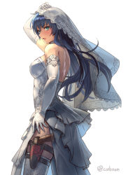 Rule 34 | 1girl, backless dress, backless outfit, bare shoulders, blue eyes, blue hair, blush, breasts, bridal gauntlets, bridal veil, bride, cuboon, dress, elbow gloves, gloves, gun, hand on own head, hand on own hip, handgun, holster, long hair, maria traydor, medium breasts, pistol, sideboob, simple background, smile, solo, standing, star ocean, star ocean till the end of time, thigh strap, thighhighs, veil, weapon, wedding dress, white background