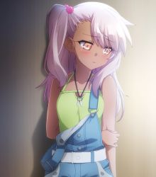 Rule 34 | 1girl, arms behind back, belt, blush, camisole, chloe von einzbern, dark skin, dark-skinned female, embarrassed, fate/kaleid liner prisma illya, fate (series), hair bobbles, hair ornament, highres, jewelry, long hair, looking away, necklace, off shoulder, overalls, pink eyes, pink hair, screencap, side ponytail, solo, stitched, third-party edit, upper body