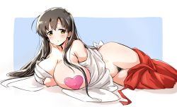 Rule 34 | 1girl, blush, breasts, brown hair, cleavage, clothes pull, covered erect nipples, female pubic hair, hair over breasts, hakama, hakama skirt, heart pasties, huge breasts, iwato kasumi, japanese clothes, long hair, looking at viewer, lying, miko, momoiro tunozemi, no bra, no panties, off shoulder, on side, one breast out, open clothes, pasties, pubic hair, saki (manga), skirt, skirt pull, solo, yellow eyes