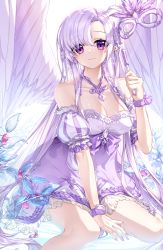 Rule 34 | 1girl, angel, player character (mabinogi), bare shoulders, between legs, bow, braid, breasts, bud, cleavage, closed mouth, collarbone, commentary, detached sleeves, dress, earrings, feathered wings, feathers, french braid, glint, hair between eyes, halterneck, highres, hm (wonhml), holding, holding mask, jewelry, leaf, long hair, looking at viewer, mabinogi, mask, masquerade mask, medium breasts, nail polish, necklace, original, parted bangs, pointy ears, puffy short sleeves, puffy sleeves, purple bow, purple dress, purple eyes, purple feathers, purple hair, purple nails, purple wings, shiny skin, short dress, short sleeves, sidelocks, sitting, sleeveless, sleeveless dress, smile, snowflake earrings, solo, sparkle, spread wings, striped, symbol-only commentary, transparent, very long hair, white background, white feathers, white wings, wings, wristband