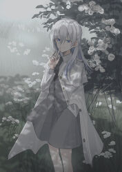 Rule 34 | 1girl, black necktie, blue eyes, chihuri, closed mouth, collared shirt, commentary request, day, earrings, ende (chihuri), feet out of frame, flower, grass, grey hair, grey skirt, grey vest, hair between eyes, hand up, highres, jacket, jewelry, long hair, long sleeves, looking at viewer, necktie, open clothes, open jacket, original, outdoors, puffy long sleeves, puffy sleeves, rose, shirt, skirt, smile, solo, standing, stud earrings, vest, white flower, white jacket, white rose, white shirt
