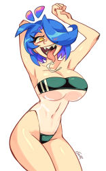Rule 34 | 1girl, absurdres, armpits, arms up, blue hair, breasts, cowboy shot, gerph, gris swimsuit, hair over one eye, highres, large breasts, long tongue, meme attire, navel, one-piece swimsuit, original, saliva, see-through swimsuit, sharp teeth, signature, skarpne (gerph), solo, swept bangs, swimsuit, teeth, tongue, tongue out, underboob