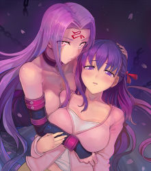 Rule 34 | 2girls, arm grab, bare shoulders, between breasts, blush, breast press, breasts, cardigan, chain, cleavage, collar, collarbone, detached sleeves, dress, eyes visible through hair, facial mark, fate/stay night, fate (series), fingernails, forehead mark, hair ribbon, half updo, hand on another&#039;s head, hug, large breasts, light particles, long fingernails, long hair, looking at viewer, matou sakura, medusa (fate), medusa (rider) (fate), midriff, multiple girls, parted lips, petals, pink eyes, purple eyes, purple hair, purple theme, ribbon, sidelocks, signature, smile, square pupils, strapless, strapless dress, upper body, very long hair, walzrj, yuri