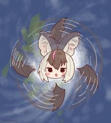 1girl animal_ears bat_ears bat_girl bat_wings brown_hair brown_long-eared_bat_(kemono_friends) coroha extra_ears grey_hair island kemono_friends kemono_friends_v_project long_hair looking_at_viewer multicolored_hair ocean parody solo streaked_hair typhoon virtual_youtuber wings