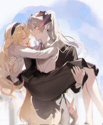 Rule 34 | 2girls, animal ears, arknights, arms around neck, black dress, black jacket, blonde hair, carrying, closed eyes, closed mouth, commentary, cropped jacket, dog ears, dog girl, dog tail, dragon girl, dragon horns, dragon tail, dress, droopy ears, english commentary, grey hair, grey jacket, grey shirt, highres, horns, jacket, joshua (shisanli934), kristen (arknights), long hair, long sleeves, multiple girls, open mouth, orange eyes, outdoors, princess carry, saria (arknights), shirt, standing, tail, yuri