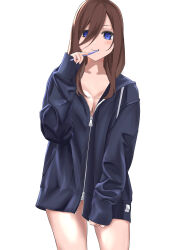 Rule 34 | 1girl, absurdres, black jacket, blue eyes, breasts, brown hair, brushing teeth, commentary request, go-toubun no hanayome, hair between eyes, highres, jacket, long hair, long hair between eyes, looking at viewer, medium breasts, nakano miku, naked jacket, partially unzipped, shoxn098, sleeves past wrists, solo, toothbrush in mouth, white background