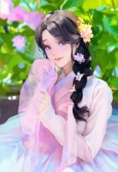 Rule 34 | 1girl, absurdres, blurry, blurry background, blush, braid, brown hair, flower, hair flower, hair ornament, hanbok, highres, i ly, korean clothes, long sleeves, looking at viewer, original, outdoors, parted bangs, parted lips, smile, solo
