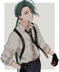 Rule 34 | 1girl, absurdres, ahoge, androgynous, black gloves, black necktie, black pants, bright pupils, closed mouth, collared shirt, cowboy shot, creatures (company), earrings, en (e898n), game freak, gloves, green hair, grey shirt, highres, holding, holding poke ball, jewelry, long hair, looking at viewer, necktie, nintendo, pants, poke ball, pokemon, pokemon sv, ponytail, red eyes, rika (pokemon), shirt, solo, suspenders, white pupils