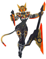 Rule 34 | 1girl, absurdres, armor, beat axe, beat buckle, breasts, cable, cable tail, catball1994, clenched hand, full body, guitar, head tilt, highres, holding, holding instrument, instrument, kamen rider, kamen rider geats (series), kamen rider na-go, looking at viewer, mechanical tail, medium breasts, orange eyes, power armor, solo, tail, tokusatsu, white background, wide hips