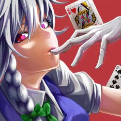 Rule 34 | 1girl, braid, card, face, female focus, finger to mouth, gloves, hair between eyes, izayoi sakuya, lips, open mouth, parted lips, playing card, red background, red eyes, side braid, slit pupils, solo, touhou, turn-a
