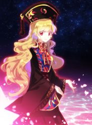 Rule 34 | 1girl, backlighting, black dress, blonde hair, breasts, chinese clothes, dress, energy, fox tail, hat, junko (touhou), light, light particles, long hair, long sleeves, looking to the side, nr (cmnrr), nr (ys onrr), open hands, parted lips, petals, red eyes, ribbon, smile, solo, space, tabard, tail, touhou, very long hair, wading, water, wide sleeves