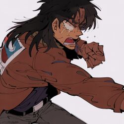 Rule 34 | 1boy, belt, black belt, black hair, black shirt, bomber jacket, brown jacket, clenched hand, commentary request, cowboy shot, crying, crying with eyes open, fingernails, grey pants, highres, inudori, itou kaiji, jacket, kaiji, long hair, long sleeves, looking afar, male focus, medium bangs, open mouth, pants, shirt, simple background, solo, tears, teeth, tongue, united nations flag, white background, white eyes