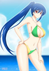 Rule 34 | 10s, 1girl, 2013, artist name, bare arms, bare legs, bare shoulders, beach, bikini, blue hair, breasts, center opening, cleavage, cleavage cutout, clenched hand, clothing cutout, cloud, criss-cross halter, dated, day, female focus, green bikini, halterneck, hand on own hip, hand on own thigh, hand on thigh, large breasts, legs, long hair, looking at viewer, navel, neck, o-ring, o-ring bikini, o-ring bottom, o-ring top, ocean, original, outdoors, ponytail, red eyes, serious, shiny skin, sky, solo, standing, swimsuit, the-sinner, thighs, two-tone bikini, two-tone swimsuit, very long hair, water, yellow bikini