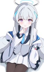 Rule 34 | 1girl, absurdres, black pantyhose, blue archive, blue necktie, blunt bangs, blush, commentary, hair ornament, halo, hand on own chin, hand up, highres, id card, jacket, jacket partially removed, kusa mura, long hair, long sleeves, looking at viewer, necktie, noa (blue archive), open clothes, open jacket, open mouth, pantyhose, pleated skirt, purple eyes, shirt, sidelocks, simple background, sitting, skirt, smile, solo, two-sided fabric, two-sided jacket, upper body, white background, white jacket, white shirt, white skirt