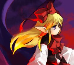 Rule 34 | 1girl, black vest, blonde hair, commentary request, elis (touhou), flat chest, hair ribbon, kaigen 1025, long hair, long sleeves, neck ribbon, open clothes, open vest, pointy ears, purple eyes, red ribbon, ribbon, shirt, solo, touhou, touhou (pc-98), vest, white shirt