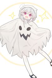 Rule 34 | 1girl, :d, full body, ghost costume, hair flaps, halloween costume, highres, kibisake, looking at viewer, open mouth, original, red eyes, short eyebrows, short hair, simple background, smile, solo, star (symbol), torii koyomi, white background, white hair
