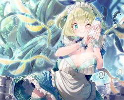 Rule 34 | 1girl, ;), apron, blonde hair, blue eyes, blush, bottle, breasts, cell (card game), cleavage, garter straps, hands up, holding, holding bottle, large breasts, looking at viewer, maid apron, maid headdress, milk bottle, naka akira, one eye closed, original, personification, plant, pocket, rhizobium (cell), smile, solo, thighhighs, wrist cuffs