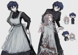 2girls absurdres alternate_costume apron black_dress blood blood_in_hair blood_on_clothes blood_on_face bloody_weapon blue_hair breasts chibi cleaver closed_eyes closed_mouth dark_blue_hair dress enmaided expressionless genderswap genderswap_(mtf) grey_background hatsutori_hajime highres holding holding_weapon juliet_sleeves large_breasts long_sleeves maid maid_apron multiple_girls multiple_views pale_skin puffy_sleeves red_eyes saibou_shinkyoku short_hair simple_background smile time_paradox utsugi_noriyuki weapon white_apron white_dress xiaobuou314