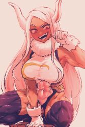 Rule 34 | 1girl, absurdres, animal ears, armpits, bare shoulders, between legs, boku no hero academia, breasts, clenched hand, covered abs, covered navel, crescent print, dark-skinned female, dark skin, full body, fur collar, gloves, hand between legs, hand up, highleg, highleg leotard, highres, large breasts, leotard, long hair, looking at viewer, mirko, muscular, muscular female, open mouth, parted bangs, pixel art, purple thighhighs, rabbit ears, rabbit girl, raised eyebrow, red eyes, simple background, sleeveless turtleneck leotard, smile, solo, spoiledmuffin, squatting, taut leotard, teeth, thick thighs, thighhighs, thighs, very long hair, white gloves, white hair