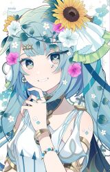 Rule 34 | 1girl, aqua hair, bare shoulders, bracelet, breasts, crml orng, dress, faruzan (genshin impact), genshin impact, green eyes, hair ornament, highres, jewelry, long hair, looking at viewer, short sleeves, simple background, small breasts, smile, solo, symbol-shaped pupils, triangle-shaped pupils, twintails, upper body, white background, white dress, x hair ornament