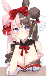 Rule 34 | 1girl, animal ears, atisa87044728, bare shoulders, black collar, blue eyes, bow, bowtie, bra, breast rest, breasts, brown bra, brown hair, center frills, cleavage, collar, double bun, dress, elbow rest, food, food-themed hair ornament, frills, fruit, green ribbon, hair bow, hair bun, hair ornament, hair ribbon, head rest, highres, large breasts, looking at viewer, multicolored hair, pink bra, pink hair, rabbit ears, red bow, red bowtie, ribbon, solo, split-color hair, strawberry, strawberry hair ornament, tachibana hinano (4th costume), tachibana hinano (vtuber), twintails, two-tone bra, two-tone hair, underwear, virtual youtuber, vspo!, white dress