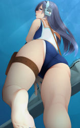 Rule 34 | 1girl, bad id, bad pixiv id, barefoot, black hair, blouse, blue eyes, blue one-piece swimsuit, blush, character name, foreshortening, from behind, headgear, highres, i-400 (kancolle), kantai collection, long hair, ne an ito, one-piece swimsuit, open mouth, orange sailor collar, rigging, sailor collar, school swimsuit, shirt, sleeveless, sleeveless shirt, soles, solo, swimsuit, swimsuit under clothes, tan, tanline, thighs, aqua background, underwater, white shirt