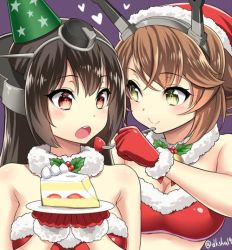 Rule 34 | 10s, 2girls, black hair, breasts, brown eyes, brown hair, cake, cake slice, christmas, feeding, food, fruit, fur collar, fur trim, gloves, green eyes, hat, headgear, heart, jpeg artifacts, kantai collection, kase daiki, large breasts, long hair, looking at another, looking down, md5 mismatch, midriff, multiple girls, mutsu (kancolle), nagato (kancolle), off shoulder, open mouth, plate, purple background, red eyes, red gloves, resized, resolution mismatch, santa costume, santa gloves, santa hat, short hair, simple background, source larger, star (symbol), strawberry, strawberry shortcake, twitter username, upper body