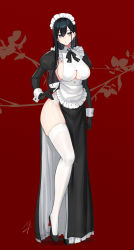 Rule 34 | 1girl, apron, black dress, black gloves, black hair, breasts, classy-black-haired girl (hayabusa), cleavage cutout, closed mouth, clothing cutout, commentary, curvy, dress, earrings, frills, full body, garter belt, gloves, hand on own hip, hayabusa, high heels, highres, jewelry, large breasts, long hair, long legs, long sleeves, looking at viewer, maid apron, maid headdress, mole, mole under eye, mole under mouth, neck ribbon, original, purple eyes, red background, ribbon, side slit, sideboob, single earring, single thighhigh, skindentation, solo, straight hair, symbol-only commentary, thighhighs, thighs, white thighhighs, wrist cuffs