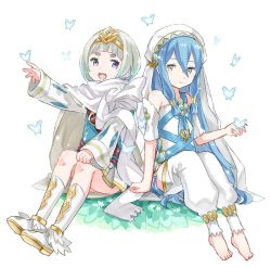 Rule 34 | 2girls, anklet, azura (fire emblem), barefoot, blue hair, blush, bug, butterfly, cape, closed mouth, dress, elbow gloves, fire emblem, fire emblem fates, fire emblem heroes, gloves, gradient hair, hair between eyes, hair ornament, bug, jewelry, long sleeves, menoko, multicolored hair, multiple girls, nintendo, open mouth, purple eyes, short hair, simple background, smile, thighhighs, tiara, veil, white hair, yellow eyes, ylgr (fire emblem), aged down
