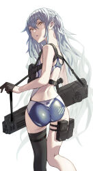Rule 34 | 1girl, absurdres, assault rifle, backless swimsuit, black gloves, black thighhighs, blue one-piece swimsuit, breasts, brown eyes, bullpup, caseless firearm, chest harness, commentary, competition swimsuit, from behind, fujita (condor), g11 (girls&#039; frontline), girls&#039; frontline, gloves, grey hair, gun, h&amp;k g11, half gloves, harness, highres, long hair, looking at viewer, looking back, one-piece swimsuit, open mouth, petite, pouch, prototype design, rifle, simple background, single thighhigh, small breasts, solo, swimsuit, thigh pouch, thigh strap, thighhighs, tight butt, two-tone swimsuit, very long hair, weapon, white background, white one-piece swimsuit