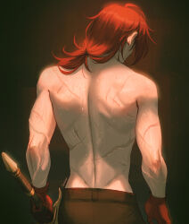 Rule 34 | 1boy, artist name, back, black gloves, black pants, blood, chalseu, commentary, diluc (genshin impact), english commentary, facing away, from behind, genshin impact, gloves, hair over shoulder, hair tie, highres, holding, holding sword, holding weapon, long hair, looking down, low ponytail, male focus, median furrow, multiple scars, pants, ponytail, red gloves, red hair, scar, scar on arm, scar on back, solo, sweat, sword, topless male, two-tone gloves, veins, weapon