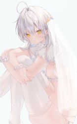 Rule 34 | 1girl, ahoge, bra, bridal lingerie, bridal veil, bride, capelet, closed mouth, commentary, expressionless, fishnet gloves, fishnets, flat chest, flower, from side, gloves, hair between eyes, hair flower, hair intakes, hair ornament, harui (hr x9 ), highres, hugging own legs, knees together feet apart, knees up, lingerie, looking at viewer, medium hair, micro panties, original, panties, sidelocks, sitting, solo, symbol-only commentary, thighhighs, thighs, underwear, veil, white bra, white capelet, white hair, white panties, white thighhighs, yellow eyes