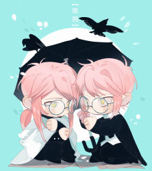 Rule 34 | 21 ke, 2boys, animal, aqua background, aqua pupils, bird, black-framed eyewear, black bird, black cardigan, black pants, black shirt, blanket, blush stickers, cardigan, chinese commentary, closed mouth, collared shirt, commentary request, crow, ear piercing, eye contact, face-to-face, full body, glasses, holding, holding umbrella, long hair, long sleeves, looking at another, male focus, messy hair, mini person, miniboy, mole, mole under eye, multiple boys, open cardigan, open clothes, open mouth, original, pants, paper, piercing, ponytail, round eyewear, seiza, shared umbrella, shirt, short hair, sidelocks, sitting, slit pupils, translation request, umbrella, white shirt, yellow eyes