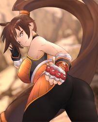 Rule 34 | 1girl, absurdres, ass, brown eyes, brown hair, dnf duel, dungeon and fighter, fighter (dungeon and fighter), fingerless gloves, gloves, highres, long hair, ponytail, solo, striker (dungeon and fighter), very long hair