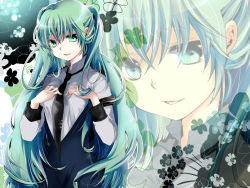 Rule 34 | 1girl, armband, green eyes, green hair, hand on another&#039;s chest, hands on own chest, hatsune miku, long hair, mariwai (marireroy), matching hair/eyes, necktie, shinri ibitsu, solo, vocaloid