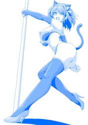 Rule 34 | &gt;:d, 1girl, :d, animal ears, arched back, ass, blue theme, blush, bra, bra pull, breasts, breasts out, cat ears, cat tail, clothes pull, detached sleeves, from side, hairband, haruhisky, high heels, highres, large breasts, looking at viewer, monochrome, navel, nipples, open mouth, panties, pole, pole dancing, sidelocks, smile, solo, strapless, strapless bra, stripper pole, suzumiya haruhi, suzumiya haruhi no yuuutsu, tail, thighhighs, thighs, underwear, v-shaped eyebrows