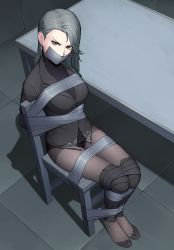 Rule 34 | 1girl, angry, black pantyhose, black sweater, blazer, bound, bow, bow panties, breasts, brown eyes, brown panties, chair, clothes pull, commentary, duct tape, earrings, gag, gbeeee, grey blazer, grey hair, hair behind ear, hair ornament, hairpin, highres, improvised gag, interrogation, jacket, jewelry, lace, lace panties, large breasts, long hair, looking at viewer, niijima sae, no shoes, panties, panties under pantyhose, pants, pants pull, pantyhose, pantyhose under trousers, persona, persona 5, restrained, see-through, sitting, solo, sweater, table, tape, tape gag, thighs, tied to chair, tied up, turtleneck, turtleneck sweater, underwear