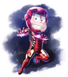 Rule 34 | 10s, 1boy, alternate eye color, armor, avengers (series), bad id, bad pixiv id, black hair, boots, cosplay, eyebrows, full body, gloves, glowing, grin, hariyama (toubou tengoku), helmet, iron man, iron man (cosplay), looking at viewer, male focus, marvel, matsuno osomatsu, osomatsu-kun, osomatsu-san, osomatsu (series), power armor, red eyes, signature, smile, solo, standing, standing on one leg