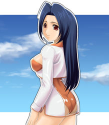 Rule 34 | 00s, 1girl, ahoge, ass, back, blue hair, breasts, cleavage, cloud, day, idolmaster, idolmaster (classic), idolmaster 1, long hair, medium breasts, miura azusa, muhi11234, race queen, red eyes, see-through, sky, solo, standing, swimsuit