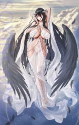 Rule 34 | 1girl, albedo (overlord), arm behind head, arm up, black hair, black wings, breasts, cleavage, cloud, cloudy sky, demon girl, demon horns, dress, female focus, full body, hair between eyes, hand on own cheek, hand on own face, horns, large breasts, long hair, looking at viewer, outdoors, overlord (maruyama), pointy ears, pubic tattoo, revealing clothes, see-through, see-through dress, sky, solo, tattoo, thighhighs, tsuki no i-min, watermark, wings, yellow eyes