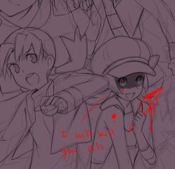 Rule 34 | 00s, 1990s (style), 1boy, 3girls, blood, cameo, commentary, creatures (company), english text, ethan (pokemon), game freak, hat, holding, holding poke ball, knife, kris (pokemon), leaf (pokemon), lowres, lyra (pokemon), monochrome, multiple girls, nintendo, open mouth, poke ball, pokemon, pokemon frlg, pokemon gsc, pokemon hgss, purple background, purple theme, retro artstyle, simple background, sketch, smile, spot color, weee (raemz), yandere