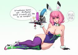 Rule 34 | 1girl, absurdres, anal beads, blue eyes, blush, bow, bowtie, breasts, bright pupils, cocktail glass, covered navel, creatures (company), cup, detached collar, dildo, drink, drinking glass, english text, eyeshadow, female focus, full body, fur bracelet, game freak, gloves, gradient background, green background, hairband, half-closed eyes, high heels, highres, holding, holding tray, horse dildo, klara (pokemon), large breasts, leotard, lips, lipstick, lube, lube bottle, lying, makeup, medium hair, mole, mole under mouth, nintendo, olive, on side, pink hair, pokemon, pokemon swsh, rabbit ears, red lips, riz, sex toy, shaking, smile, solo, speech bubble, thighhighs, tray, trembling, vibrator, wavy mouth, white background, white pupils