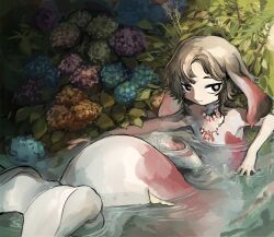 Rule 34 | 1boy, animal, black eyes, bright pupils, brown hair, closed mouth, fins, fish, flower, full body, grey pupils, head fins, highres, hydrangea, jewelry, koi, light smile, looking at viewer, male focus, merman, monster boy, necklace, nude, original, outdoors, pale skin, partially submerged, plant, shima (wansyon144), short hair, solo, water