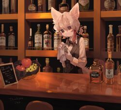 Rule 34 | 1girl, alcohol, animal ears, apple, bar (place), bartender, black bow, black bowtie, black suit, black vest, body fur, bottle, bow, bowtie, collared shirt, commission, counter, cup, dot nose, drinking glass, expressionless, food, formal, from side, fruit, furry, furry female, gomafuto, grapes, hair bow, handkerchief, highres, holding, holding cup, holding handkerchief, indoors, light brown hair, long sleeves, low ponytail, multicolored hair, original, polishing, red eyes, red hair, reflective surface, shelf, shirt, short hair, short ponytail, single sidelock, skeb commission, solo, streaked hair, suit, two-tone hair, uniform, upper body, vest, vodka, white fur, white shirt
