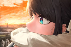 Rule 34 | 1girl, against railing, backlighting, black hair, blue eyes, blush, city, cloud, cloudy sky, evening, from side, highres, hololive, long sleeves, looking afar, looking away, oozora subaru, orange sky, outdoors, profile, railing, sky, solo, sunlight, sunset, toi1et paper, upper body, virtual youtuber